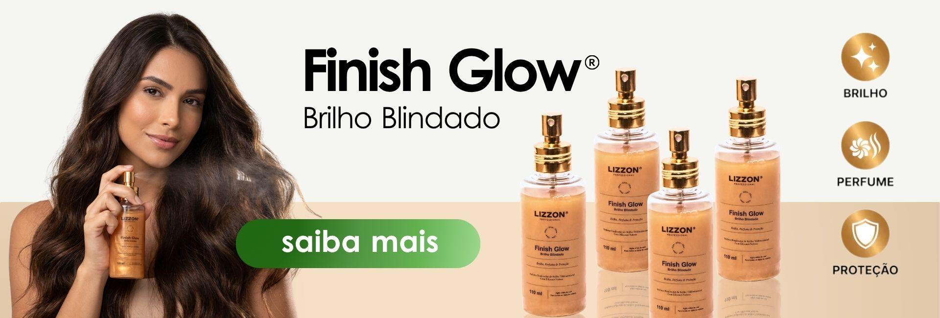 Uma mulher borrifa o produto Finish Glow Brilho Blindado em seu cabelo. Quatro frascos do produto estão alinhados ao lado dela. Os ícones à direita indicam os recursos de brilho, fragrância e proteção.