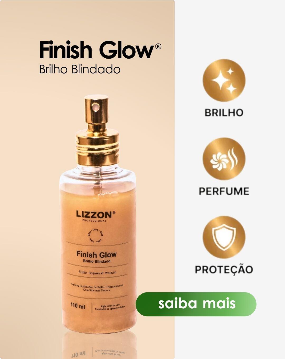 Um frasco do spray Lizzon Professional Finish Glow Brilho Blindado é exibido em um fundo bege. À direita, os ícones representam suas características: brilho, fragrância e proteção, com os respectivos rótulos em português.