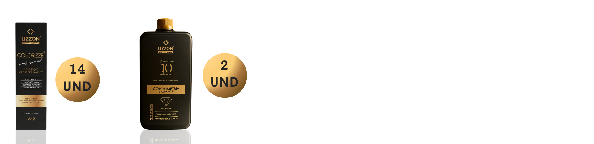 Uma caixa preta e dourada e um frasco do Kit Morena Iluminada Colorizze Coloração Creme + 2 OX 10v estão lado a lado, com "14 UND" acima da caixa e "2 UND" acima do frasco em um fundo branco.