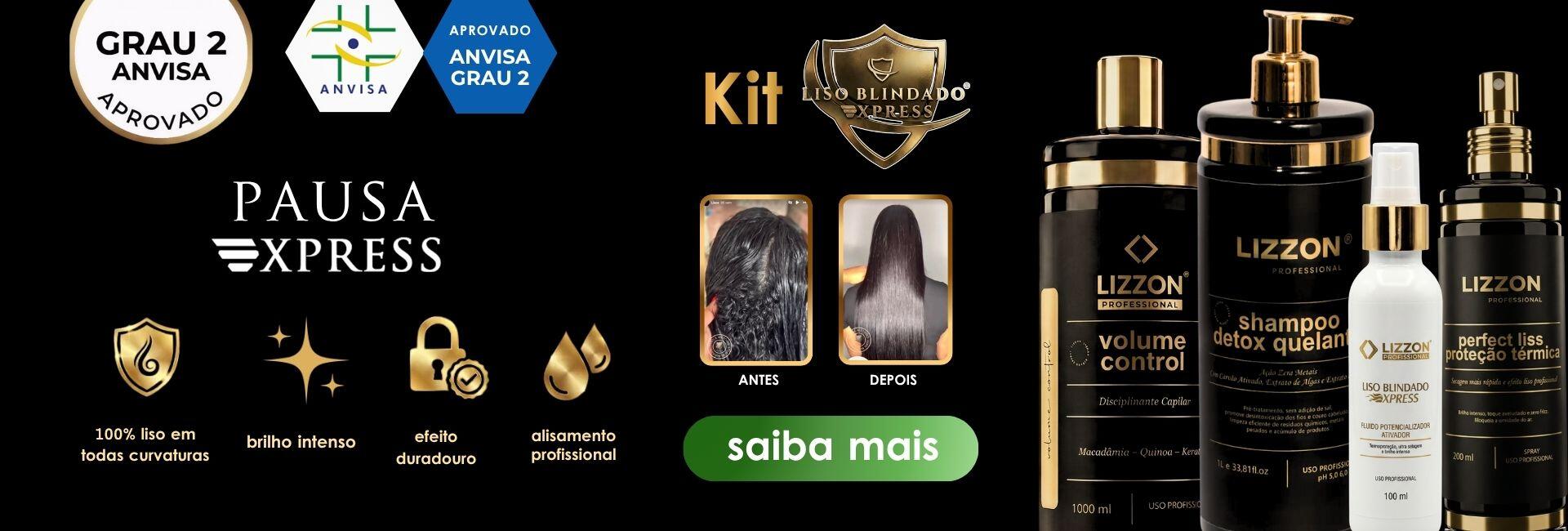 Três produtos de cuidados com o cabelo da Lizzon em preto e dourado, rotulados como "Kit Liso Blindado", são exibidos em um fundo escuro com ícones dourados para atributos de desintoxicação inteligente, segurança, controle, orgânicos e saudáveis.