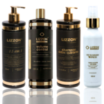 O Kit Botox Express apresenta quatro produtos de cuidados com os cabelos da Lizzon Professional: três em frascos pretos com detalhes dourados e um em um frasco de spray branco com rótulo dourado, todos exibindo detalhes do produto em português.