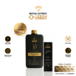 São mostrados um frasco e uma caixa pretos de Lizzon Kit Retoq Express Tons Claros 6.0 a 10.0, com ícones destacando características como 100% de cobertura, sem amônia, tecnologia inteligente e adequação para tons de loiro claro (6.0 a 10.0).