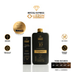 Imagem do produto apresentando o Kit Retoq Express Tons Escuros em embalagem preta e dourada. Os ícones destacam a ausência de amônia, a tecnologia inteligente, a excelente cobertura e uma variedade de tons escuros, do preto ao marrom.