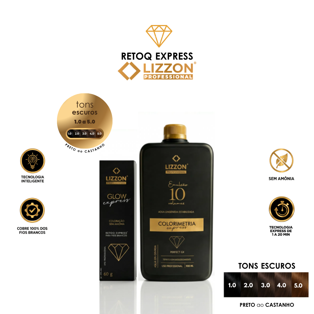 Imagem do produto apresentando o Kit Retoq Express Tons Escuros em embalagem preta e dourada. Os ícones destacam a ausência de amônia, a tecnologia inteligente, a excelente cobertura e uma variedade de tons escuros, do preto ao marrom.