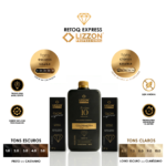 Apresentando o Kit Retoq Express Tons Claros 6.0 a 10.0 (cópia) com um frasco central e duas caixas de cores (tons escuros e claros) em cada lado, destacando as características do produto e as faixas de cores rotuladas.