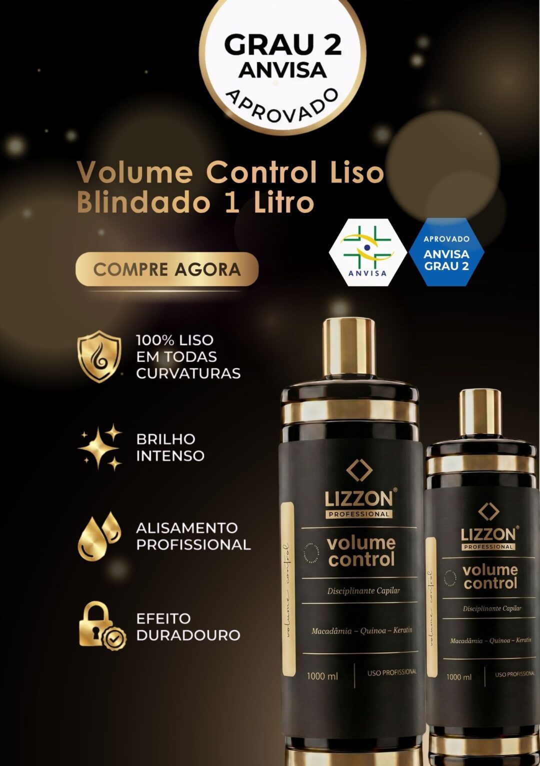 Dois frascos pretos e dourados do produto para cabelo Lizzon Volume Control exibidos em um fundo escuro. O texto destaca características como brilho intenso, alisamento profissional e efeito duradouro. Os logotipos de aprovação da ANVISA estão visíveis.