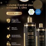 Dois frascos pretos e dourados do produto para cabelo Lizzon Volume Control exibidos em um fundo escuro. O texto destaca características como brilho intenso, alisamento profissional e efeito duradouro. Os logotipos de aprovação da ANVISA estão visíveis.