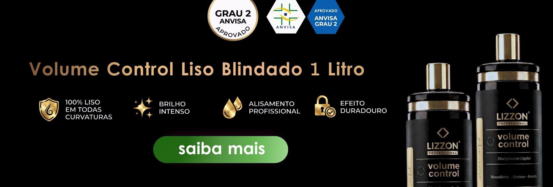Banner anunciando o produto para cabelos Lizzon Professional Volume Control; dois frascos pretos são mostrados à direita. O texto destaca benefícios como suavidade, brilho e efeitos duradouros. Os logotipos de aprovação da ANVISA estão na parte superior.