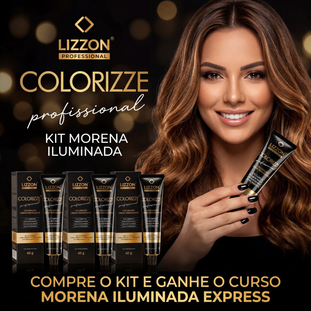 Uma mulher com cabelos castanhos longos, ondulados e realçados segura um tubo de Colorizze. Abaixo estão vários tubos de Kit Morena Iluminada Colorizze Coloração Creme + 2 OX 10v e texto promocional em português em um fundo escuro.
