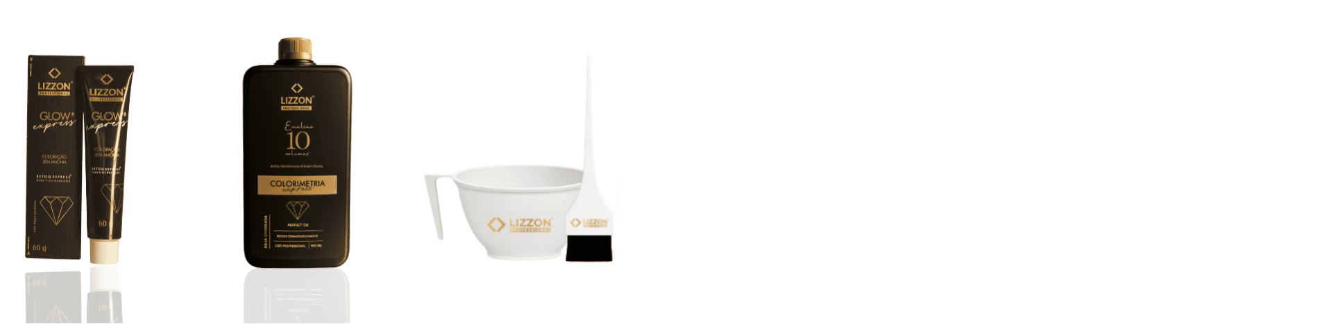 O Kit Retoq Express Tons Escuros inclui um tubo de creme de cor, um frasco de revelador, um recipiente de mistura e um pincel, todos em preto e branco com a marca dourada em um fundo branco.