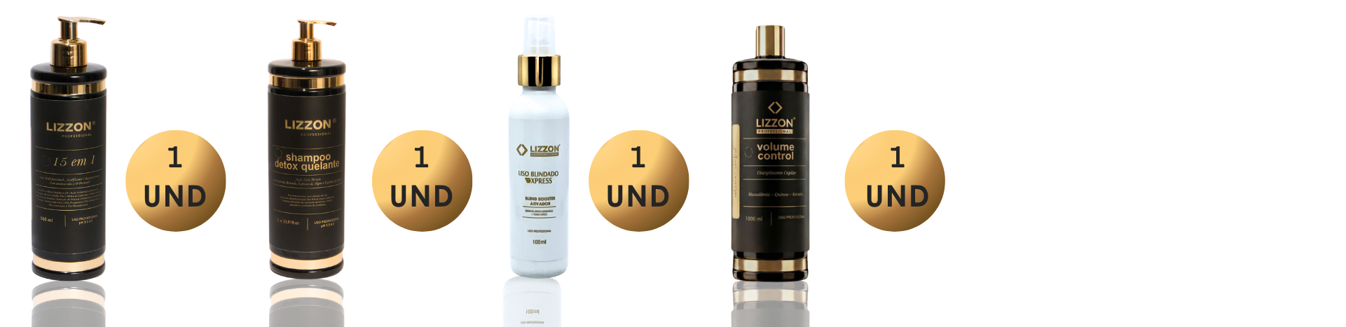 O kit de cuidados com os cabelos Kit Botox Express, com quatro produtos, cada um marcado com um círculo dourado com o rótulo "1 UND", é exibido em um fundo branco.