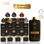 A imagem mostra o Kit Morena Iluminada Colorizze Coloração Creme + 2 OX 10v com sete caixas de coloração marrom e uma Emulsão grande de 10 volumes. O logotipo da Colorizze Professional é visível no canto superior esquerdo.