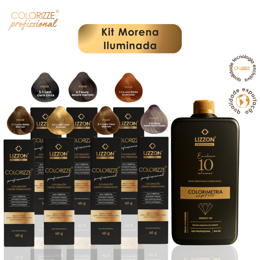 A imagem mostra o Kit Morena Iluminada Colorizze Coloração Creme + 2 OX 10v com sete caixas de coloração marrom e uma Emulsão grande de 10 volumes. O logotipo da Colorizze Professional é visível no canto superior esquerdo.