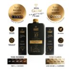 Imagem promocional do Kit Retoq Express Tons Mesclados 1.0 a 10.0, com o frasco preto e dourado no centro, amostras de cores para tons escuros a claros e ícones destacando a cobertura de cabelos brancos e sem amônia.