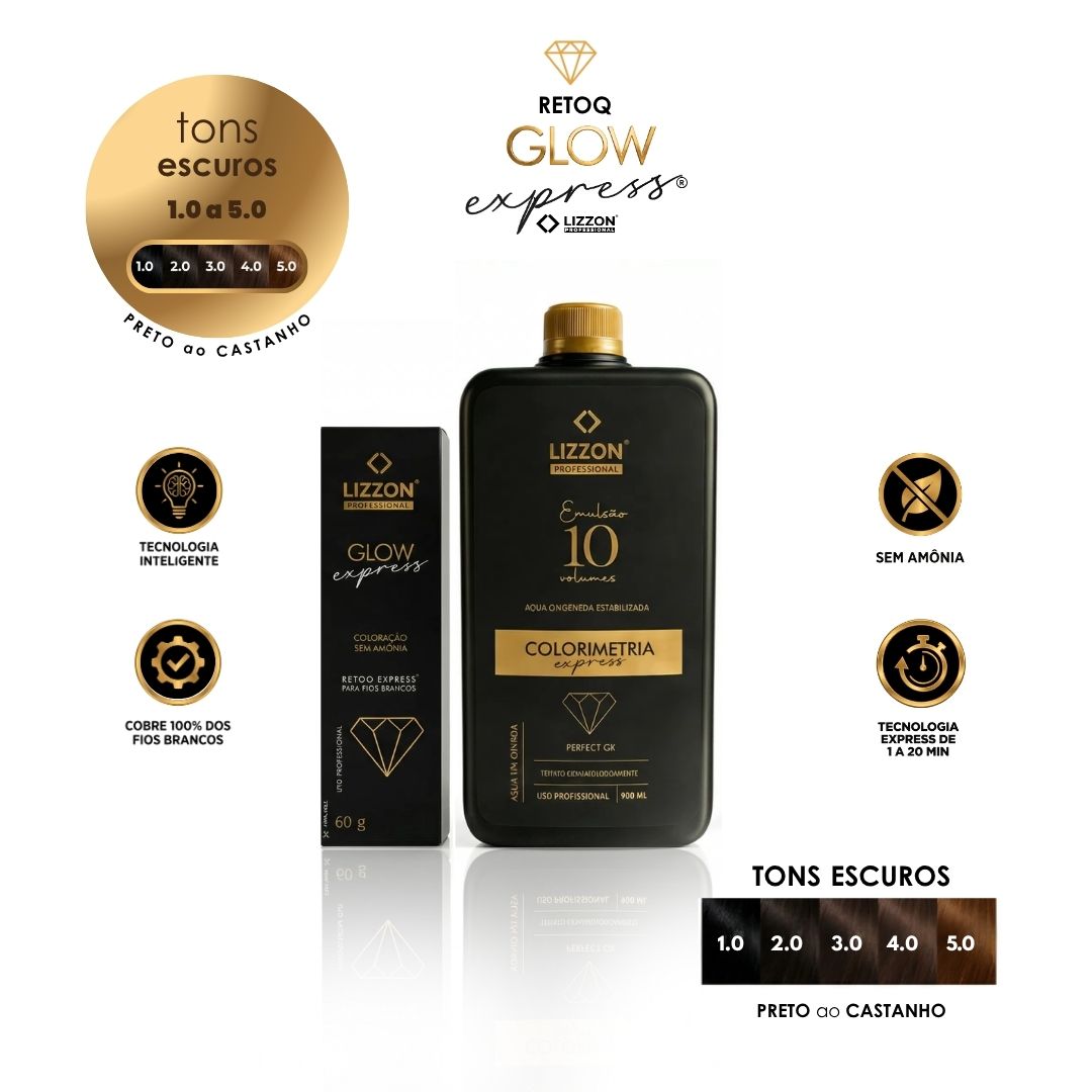 O Kit Retoq Express Tons Escuros 1.0 a 5.0 vem em uma embalagem preta com detalhes em dourado, incluindo um frasco e uma caixa. Os ícones mostram que ele não contém amônia, usa tecnologia inteligente e abrange tons de cabelo que vão do preto ao castanho.