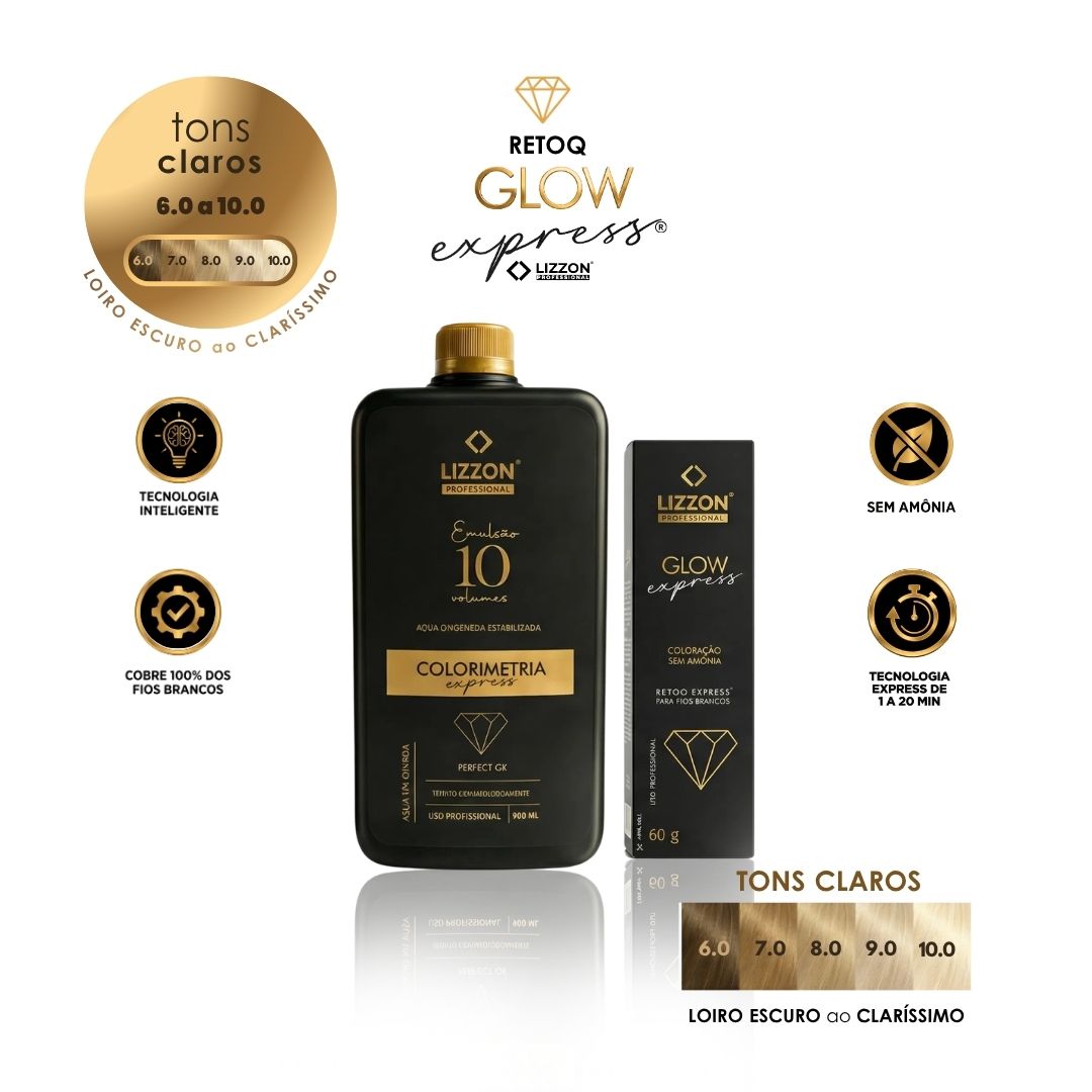 São mostrados um frasco preto e uma caixa correspondente do Kit Retoq Express Tons Claros 6.0 a 10.0, com detalhes em dourado, ícones de tecnologia e sem amônia, além de uma escala de cores para tons de loiro claro de 6.0 a 10.0.
