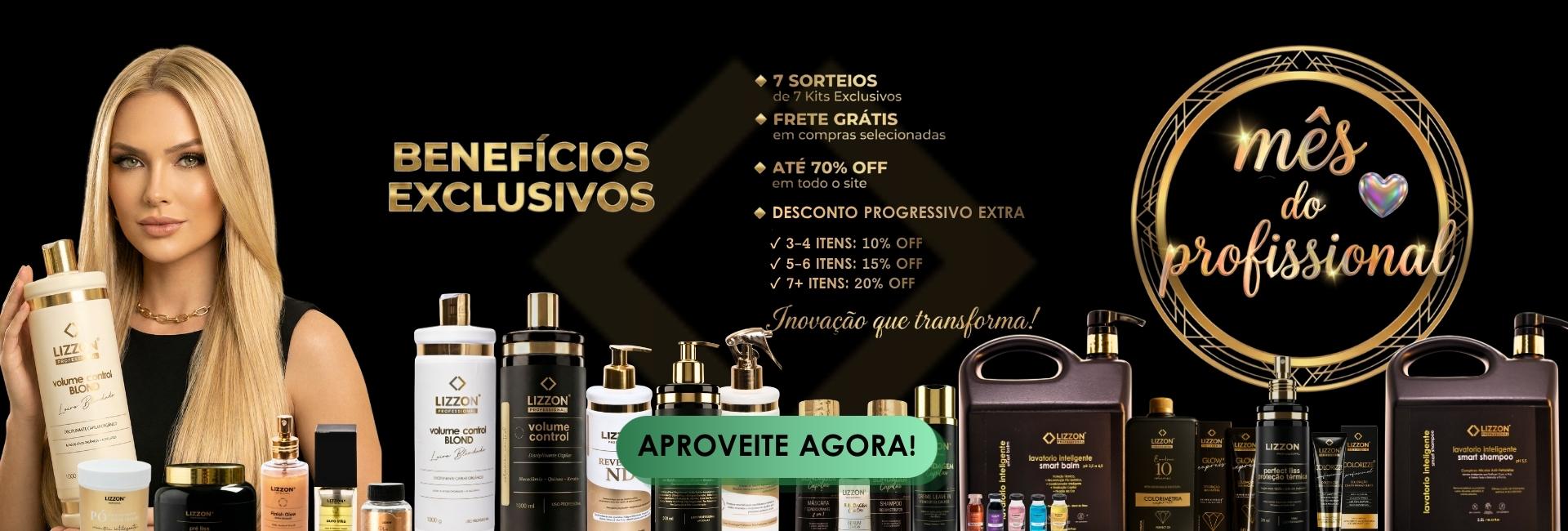 Banner promocional para o "Mês do Profissional", com uma mulher segurando uma garrafa e produtos de cuidados com os cabelos Lizz Gold. Aproveite os benefícios exclusivos, frete grátis, descontos Lizzon e um botão Aproveite Agora!.
