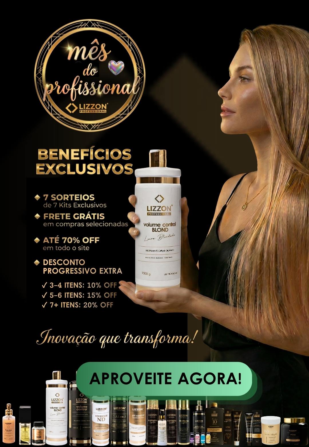 Uma mulher com longos cabelos loiros segura um frasco de xampu Lizzon Professional. A imagem promove benefícios exclusivos da Lizzon, descontos e frete grátis em compras selecionadas, com vários produtos de cuidados com os cabelos da Lizzon exibidos abaixo.