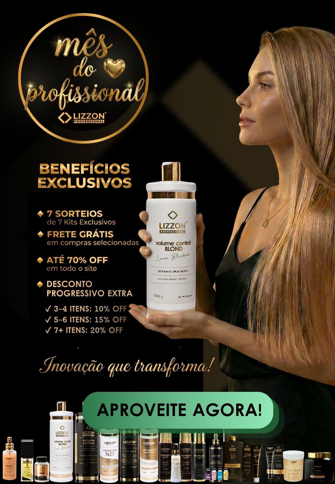 Uma mulher com longos cabelos loiros segura uma garrafa de Lizzon. O anúncio comemora o "Mês do Profissional" com descontos, brindes e frete grátis da Lizzon. Vários produtos para cabelo mais vendidos da Lizzon são exibidos na parte inferior.