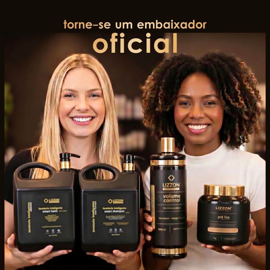 Duas mulheres estão lado a lado; uma segura uma caixa da Lizzon Professional, a outra segura dois frascos de produtos para cabelo da Lizzon Professional. O texto promove o fato de se tornar um revendedor oficial com até 70% de lucratividade.