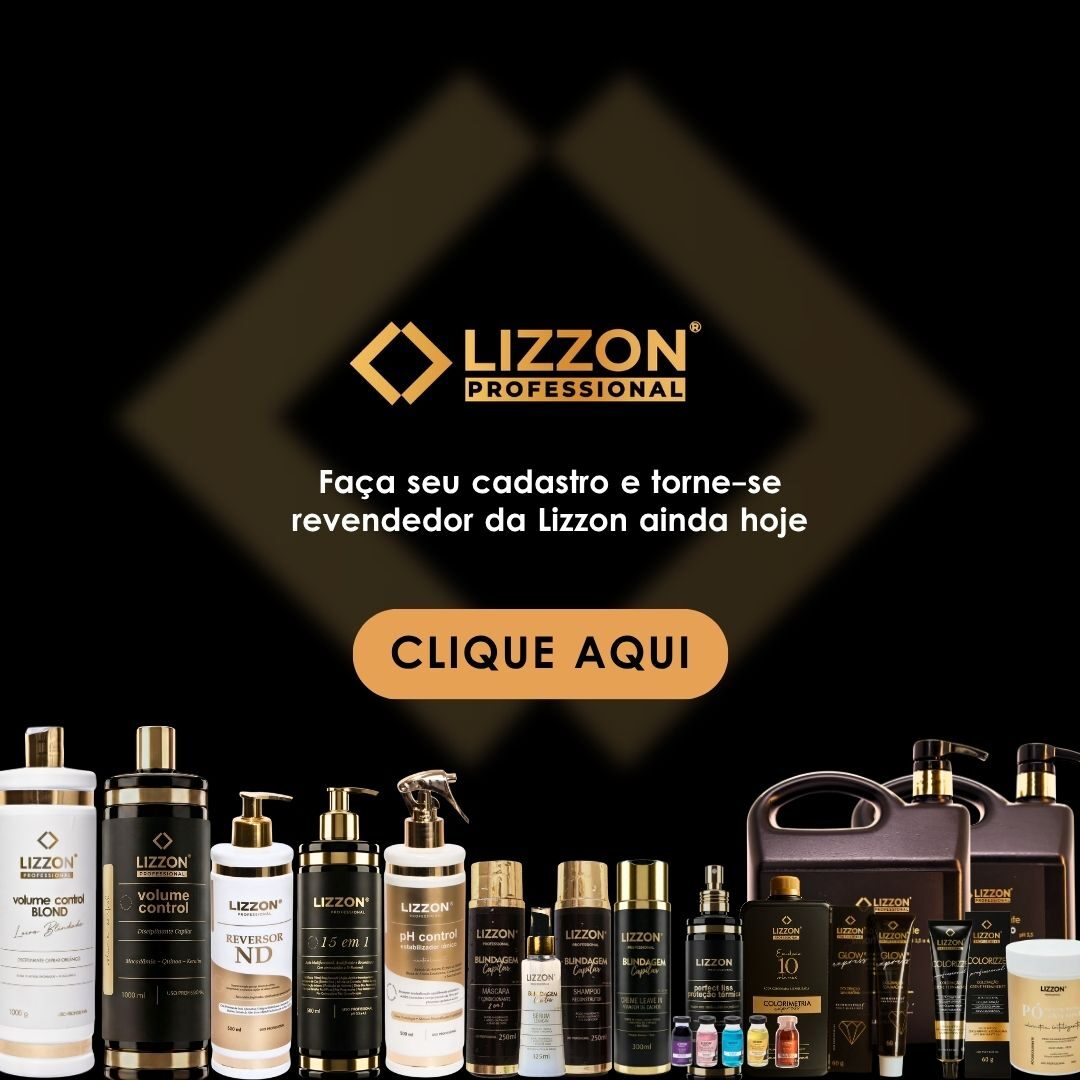 Duas mulheres de camisa preta seguram produtos para cabelo da Lizzon Professional em um fundo preto. Um texto branco em português convida as pessoas a se registrarem e se tornarem embaixadoras da Lizzon. Um botão abaixo diz clique aqui.