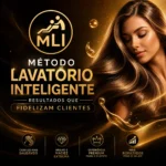 Uma imagem promocional do Método Lavatório Inteligente mostra uma mulher com cabelos longos e brilhantes à direita, detalhes gráficos dourados e ícones que destacam benefícios como cabelos mais saudáveis, brilho, experiência premium e melhores resultados no salão.