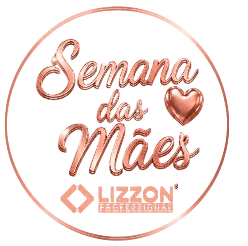 mesdoprofissional Logotipo com o texto Semana das Mães e um símbolo de coração em escrita ouro rosa, acima do logotipo da Lizzon Professional, tudo dentro de um círculo ouro rosa em um fundo branco.