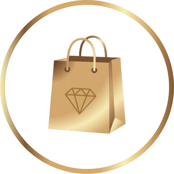 mesdoprofissional Uma sacola de compras dourada com um contorno de diamante na frente, exibida dentro de uma borda circular dourada em um fundo branco.