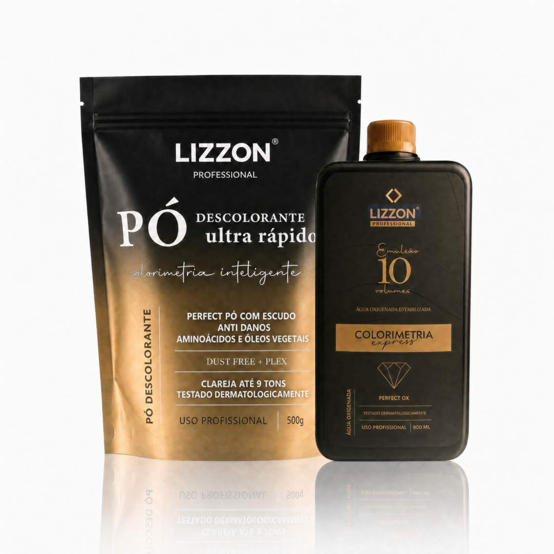 Pó descolorante Lizzon Professional e emulsão oxidante 10 volumes. O pó tem 500 g e afirma ser ultrarrápido e proteger os cabelos. A emulsão tem 900 ml.