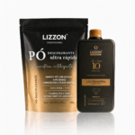 Pó descolorante Lizzon Professional e emulsão oxidante 10 volumes. O pó tem 500 g e afirma ser ultrarrápido e proteger os cabelos. A emulsão tem 900 ml.