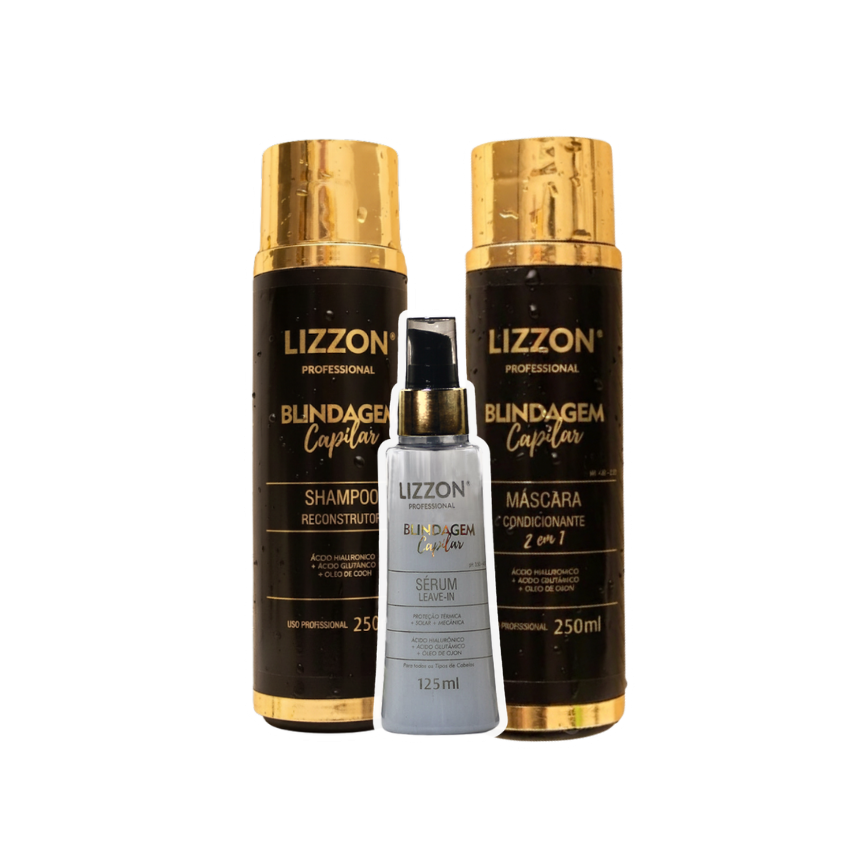 Três produtos de cuidados com os cabelos da Lizzon Professional são exibidos: um xampu de 250 ml, uma máscara de 250 ml e um sérum sem enxágue de 125 ml, todos em embalagens pretas e douradas contra um fundo branco liso.