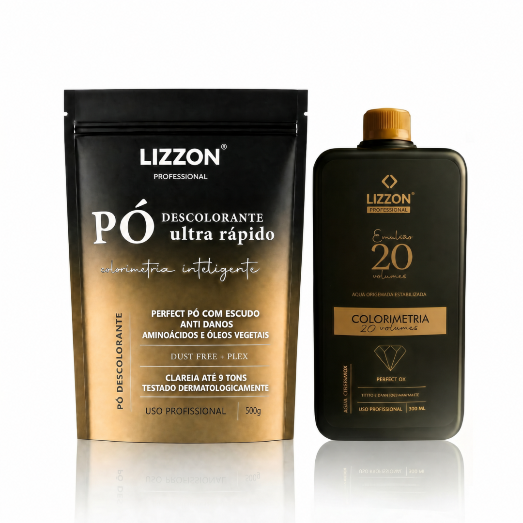 Pó descolorante Lizzon Professional e emulsão de 20 volumes para uso profissional.