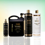 Quatro produtos de cuidados com os cabelos da Lizzon Professional são exibidos em uma fileira contra um fundo gradiente, incluindo o Smart Shampoo, um spray de tratamento e dois frascos grandes de Controle de Volume, um deles com o rótulo Blonde.