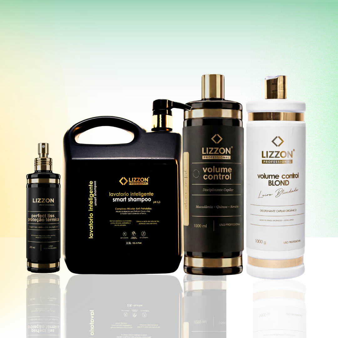 Quatro produtos de cuidados com os cabelos da Lizzon Professional são exibidos em uma fileira contra um fundo gradiente, incluindo o Smart Shampoo, um spray de tratamento e dois frascos grandes de Controle de Volume, um deles com o rótulo Blonde.