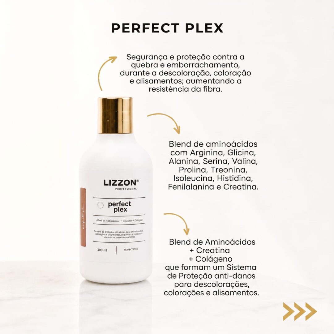 BLOND Perfect PLEX Restaurador repousa sobre uma superfície de mármore. O texto destaca seus benefícios protetores, a mistura de aminoácidos e o sistema avançado de proteção contra danos ao cabelo durante a coloração e o alisamento.