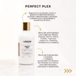 BLOND Perfect PLEX Restaurador repousa sobre uma superfície de mármore. O texto destaca seus benefícios protetores, a mistura de aminoácidos e o sistema avançado de proteção contra danos ao cabelo durante a coloração e o alisamento.
