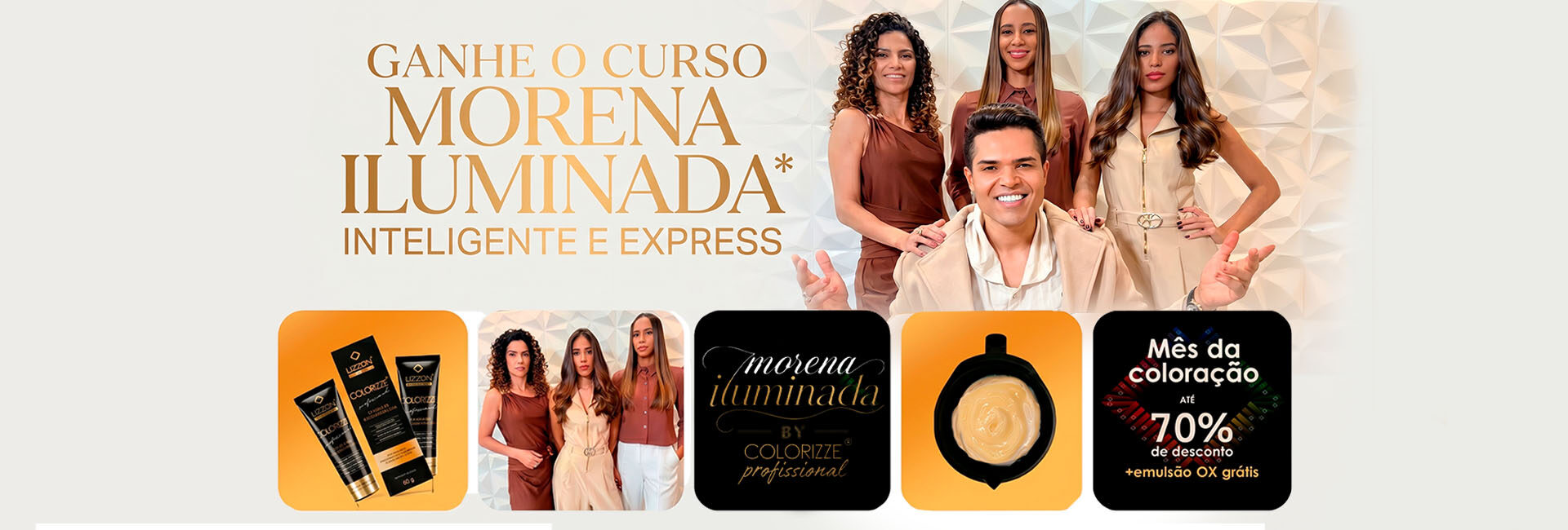 Banner com a frase mês do profissional apresentando uma variedade de produtos profissionais para cabelos da Lizzon, uma mulher segurando um produto e ofertas como sorteios exclusivos, frete grátis e até 70% de desconto no site.