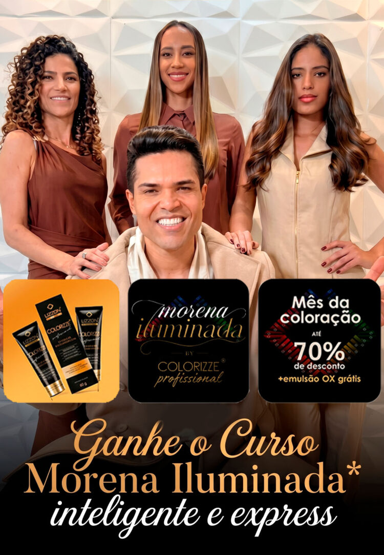 Uma mulher com longos cabelos loiros segura um frasco grande de produto para cabelo da Lizzon Professional. A imagem promove benefícios como brindes exclusivos, frete grátis e até 70% de desconto, com vários produtos Lizzon exibidos na parte inferior.