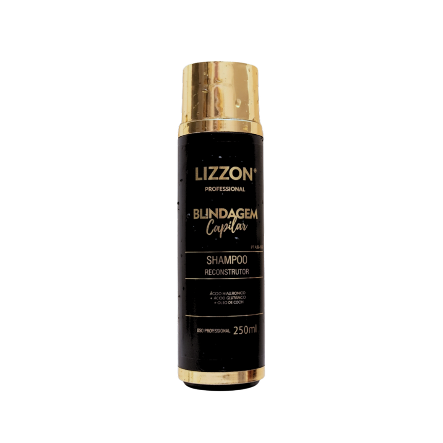 Um frasco preto e dourado de Lizzon Professional Blindagem Capilar Shampoo Reconstrutor, contendo 250 ml, é mostrado em um fundo branco liso.