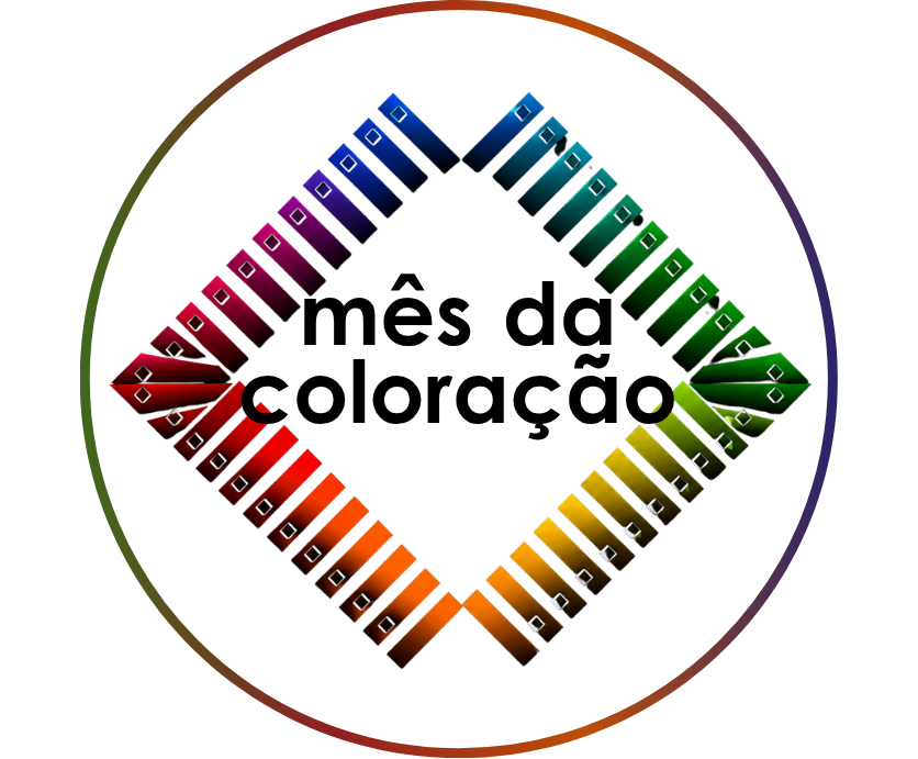 Um logotipo circular de lizzon com as palavras mês da coloração no centro, cercado por uma forma de diamante feita de amostras de cores dispostas em um padrão gradiente.