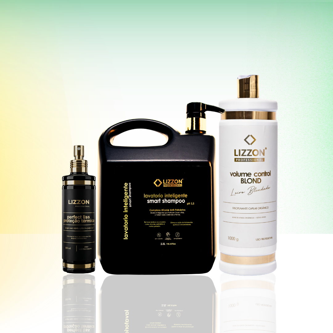 Três produtos de cuidados com os cabelos da Lizzon Professional são exibidos em uma superfície branca: um spray de proteção térmica, um frasco grande de xampu inteligente com alça e um frasco alto de tratamento de controle de volume para loiros. O fundo é verde e amarelo em degradê.
