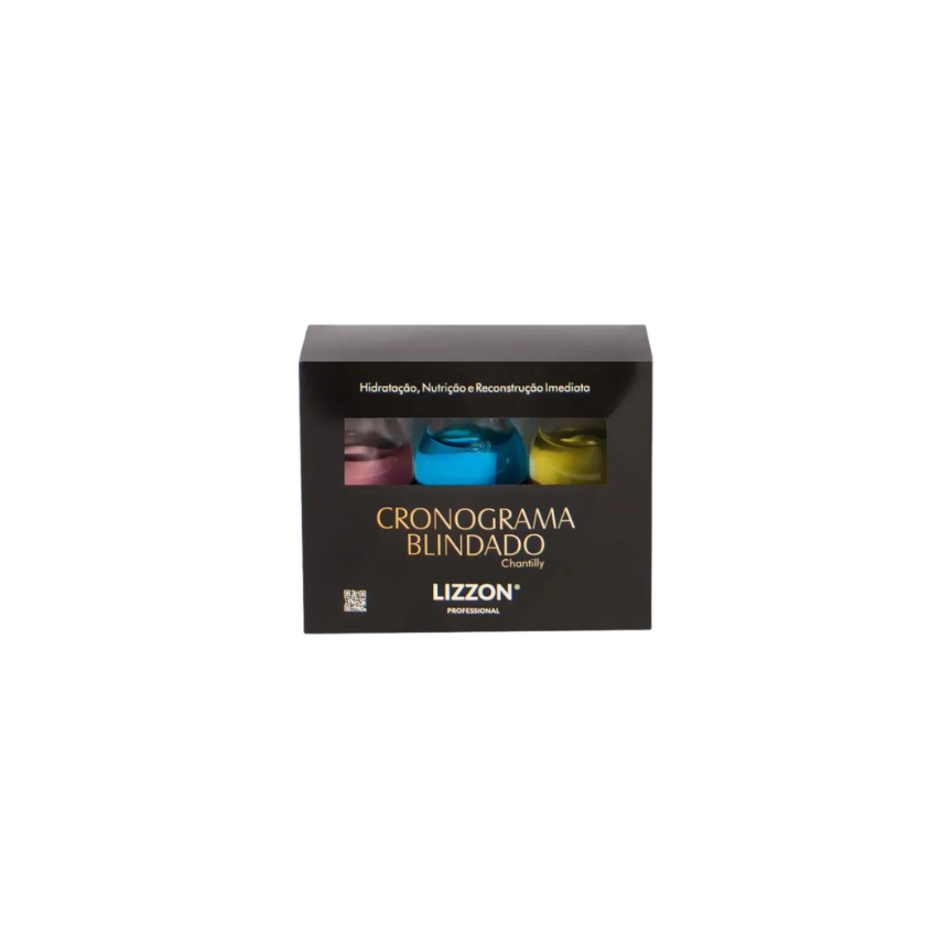 Uma caixa preta com o rótulo CRONOGRAMA BLINDADO da Lizzon, mostrando três frascos em azul, amarelo e rosa através de uma janela transparente na frente. A caixa está colocada em um fundo cinza claro.