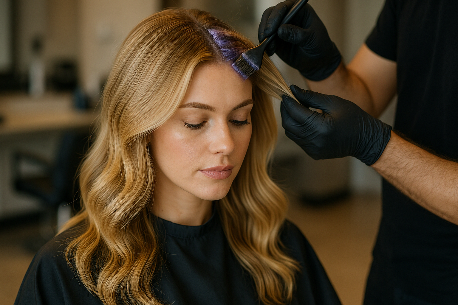 Uma mulher com cabelos loiros longos e ondulados senta-se em uma cadeira de salão enquanto uma pessoa usando luvas pretas aplica tintura de cabelo com um pincel em suas raízes, perto da divisão. A mulher está de olhos fechados.
