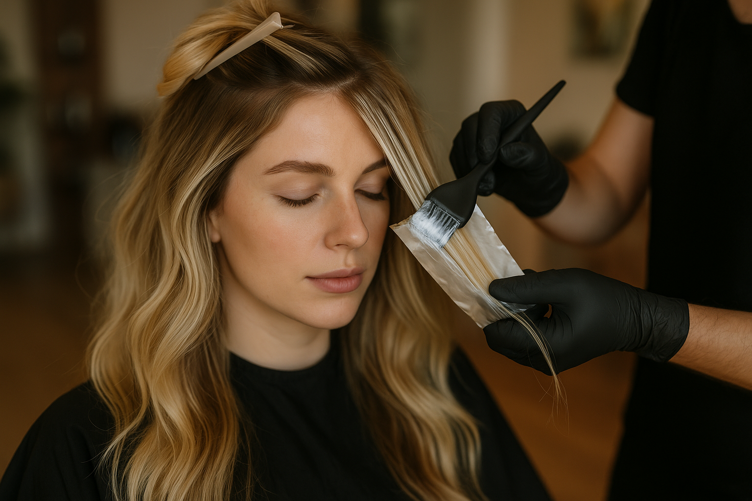 Uma pessoa com longos cabelos loiros senta-se com os olhos fechados enquanto outra pessoa, usando luvas pretas, aplica tintura de cabelo em uma seção de seu cabelo usando uma escova e papel alumínio.