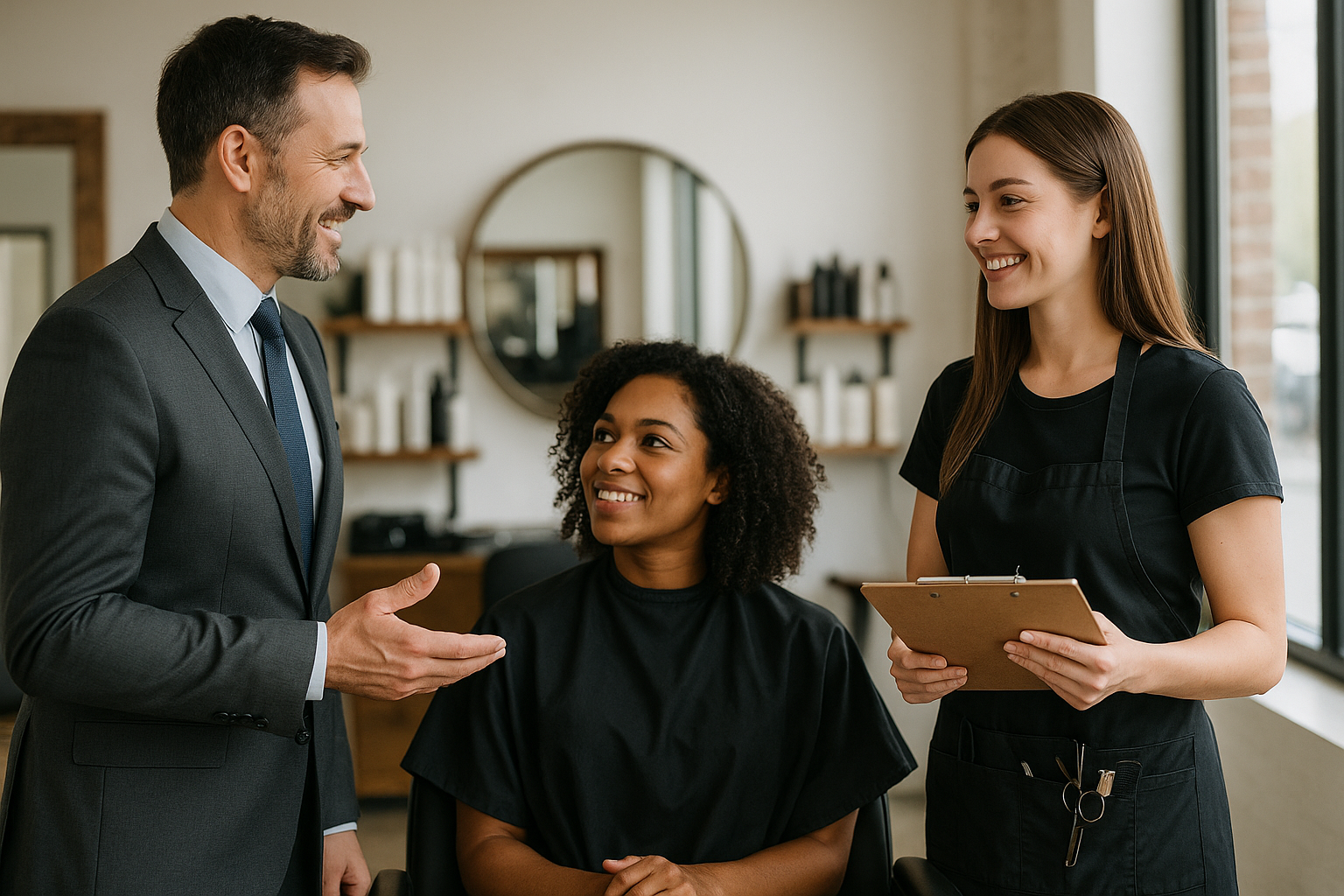 Um homem de terno conversa com uma mulher sentada em uma cadeira de salão, enquanto um cabeleireiro sorridente, segurando uma prancheta, está próximo. Prateleiras com produtos para cabelo e um espelho redondo são visíveis ao fundo.