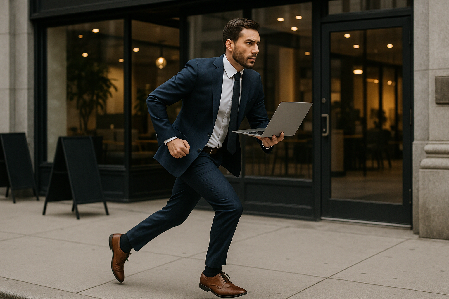 Um homem de terno corre em uma calçada da cidade enquanto segura um laptop aberto, com prédios de escritórios e grandes janelas ao fundo.