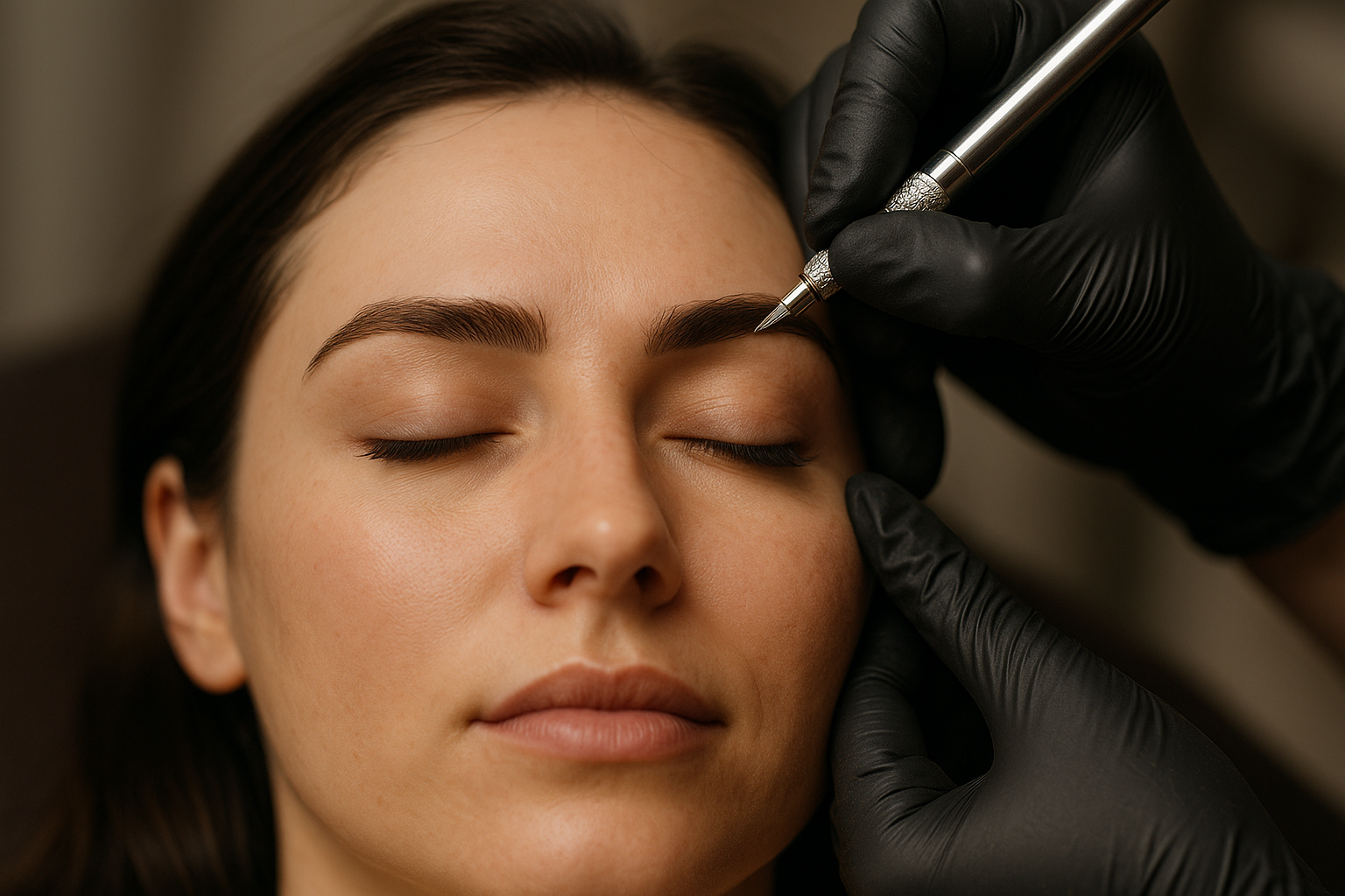 Uma pessoa com os olhos fechados recebe um tratamento de sobrancelha de um profissional usando luvas pretas, que utiliza uma ferramenta de precisão para modelar ou aprimorar as sobrancelhas.