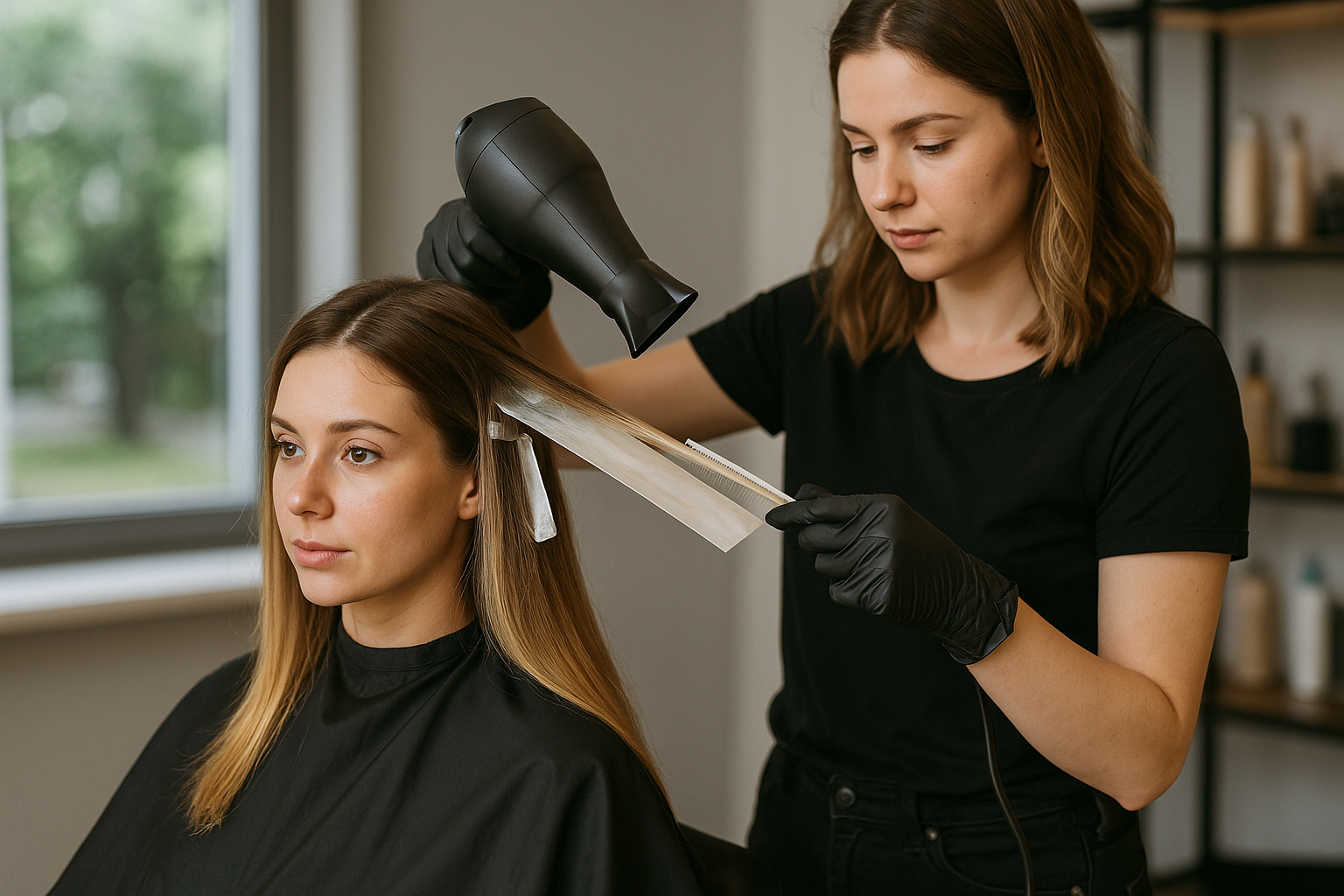 Um cabeleireiro usando luvas pretas usa um secador de cabelo em uma mulher sentada em um salão. O cabelo da mulher está cortado com papel alumínio e ela usa uma capa preta. Prateleiras e uma janela são visíveis ao fundo.