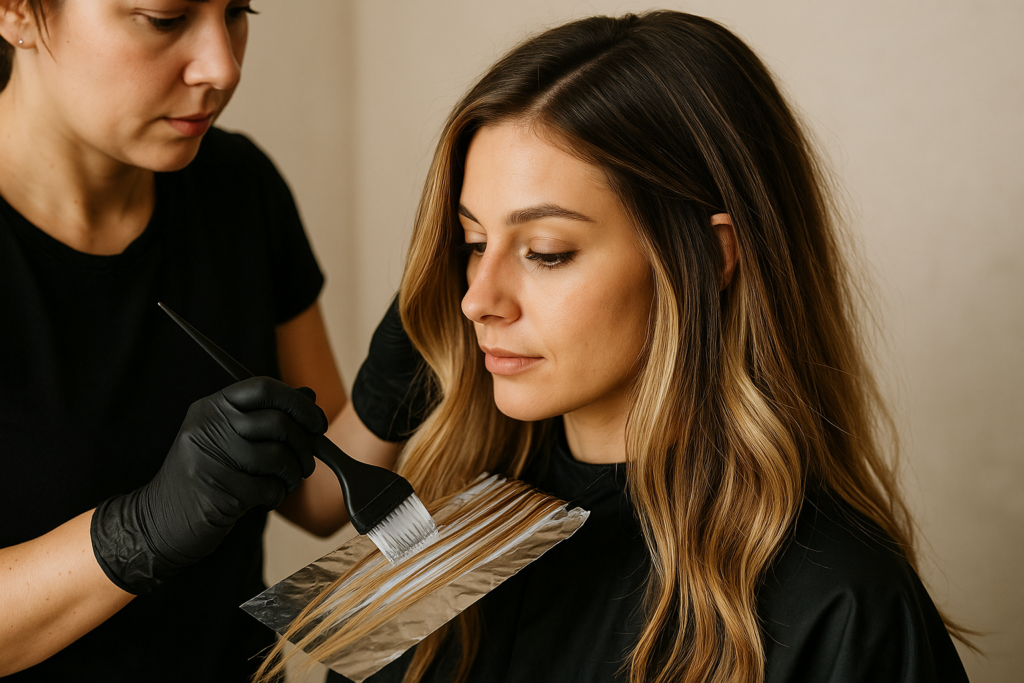 Um cabeleireiro usando luvas pretas aplica tinta de cabelo com um pincel em seções do cabelo de uma mulher colocadas em uma folha de papel-alumínio. A mulher está sentada com os olhos fechados, usando uma capa preta.