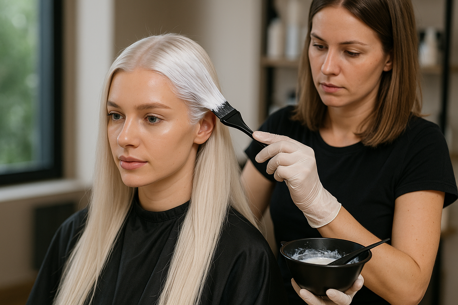 Um cabeleireiro usando luvas aplica tinta branca com uma escova nas raízes do cabelo longo, liso e loiro platinado de uma mulher sentada. A cliente usa uma capa preta e olha para frente.